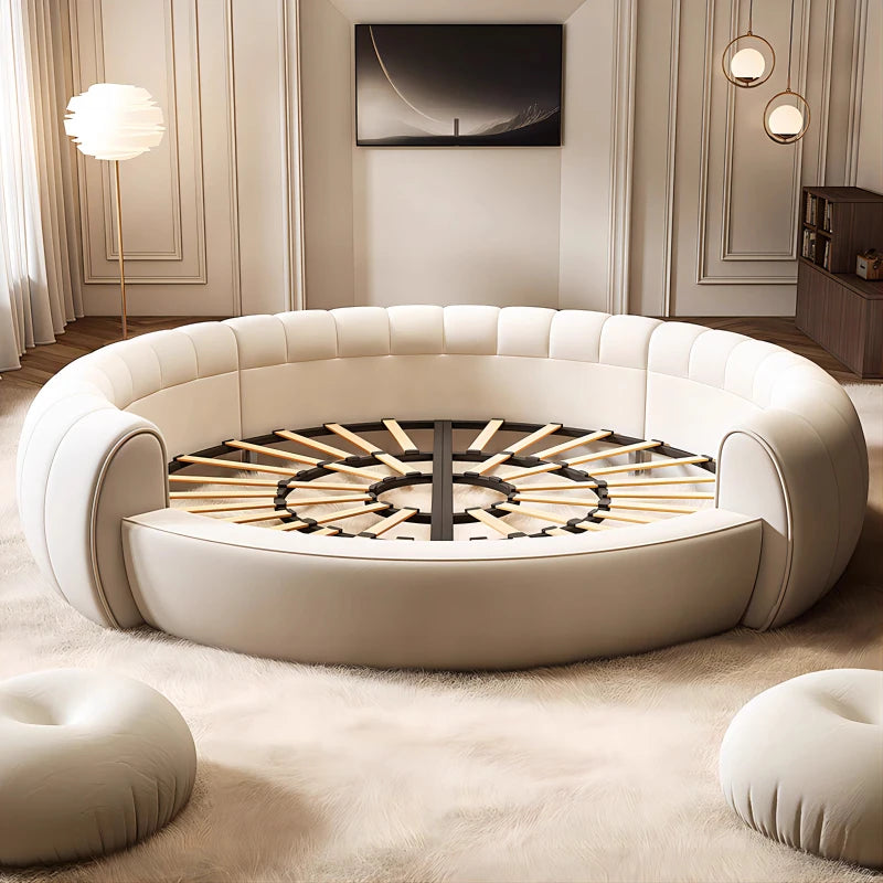 Modern circular bed in a stylish room with neutral decor