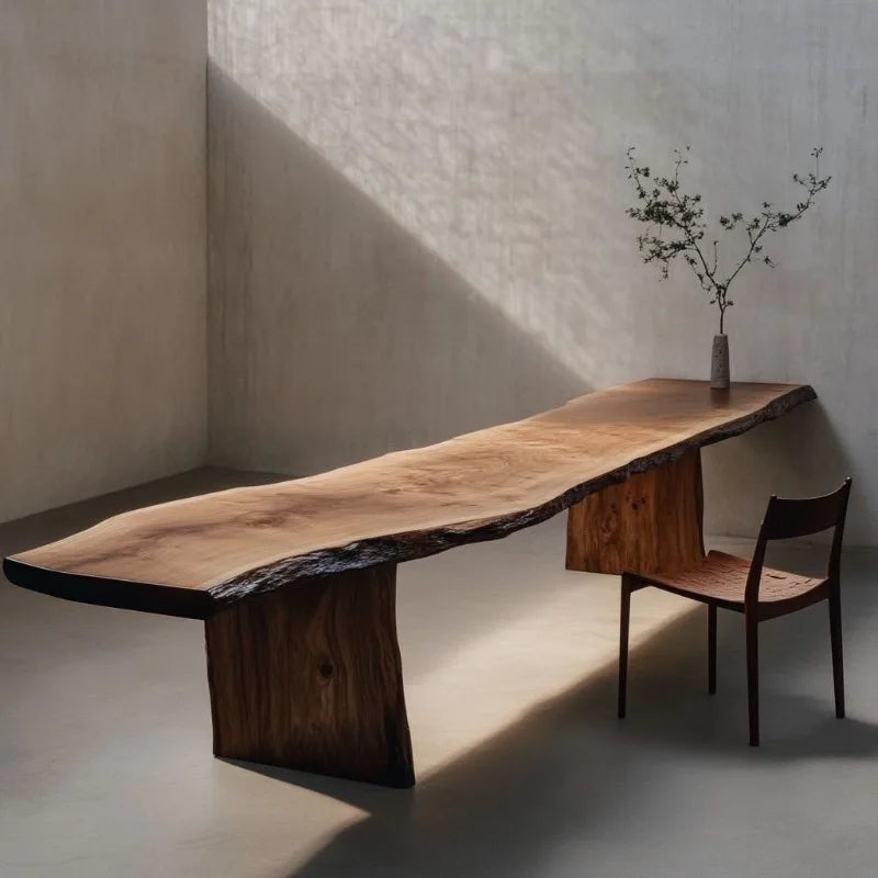 Wooden desk with a vase of branches in a minimalistic room.