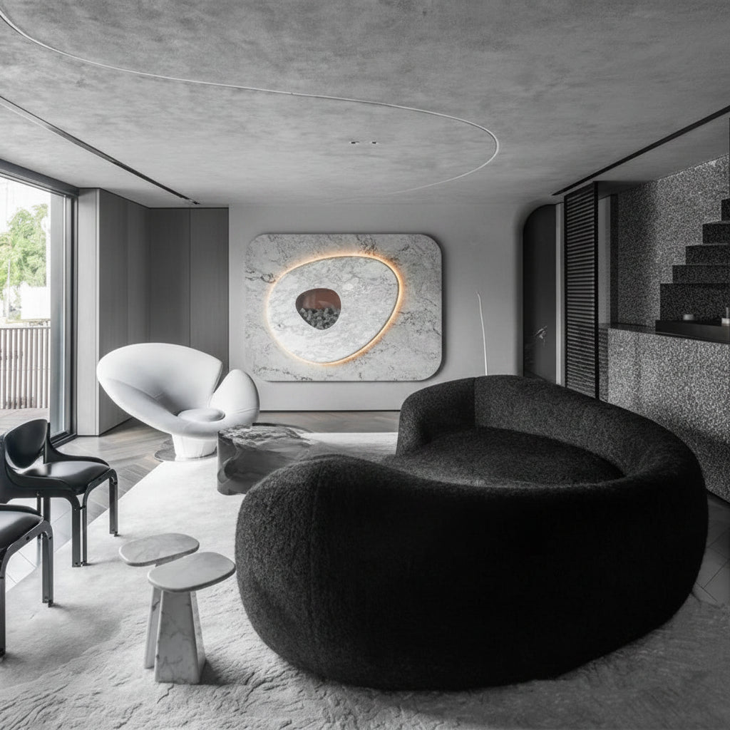Modern interior with a black bean-shaped sofa, white chair, and abstract wall art.