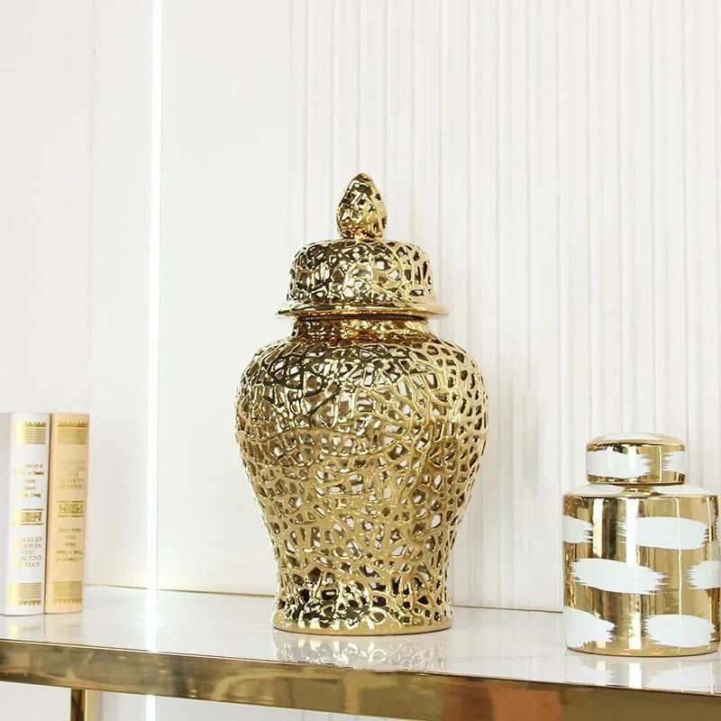 Échelon Gold – Ceramic Hollow Ginger Jar | Luxury Porcelain Home Decoration by PurelyhomeDeco