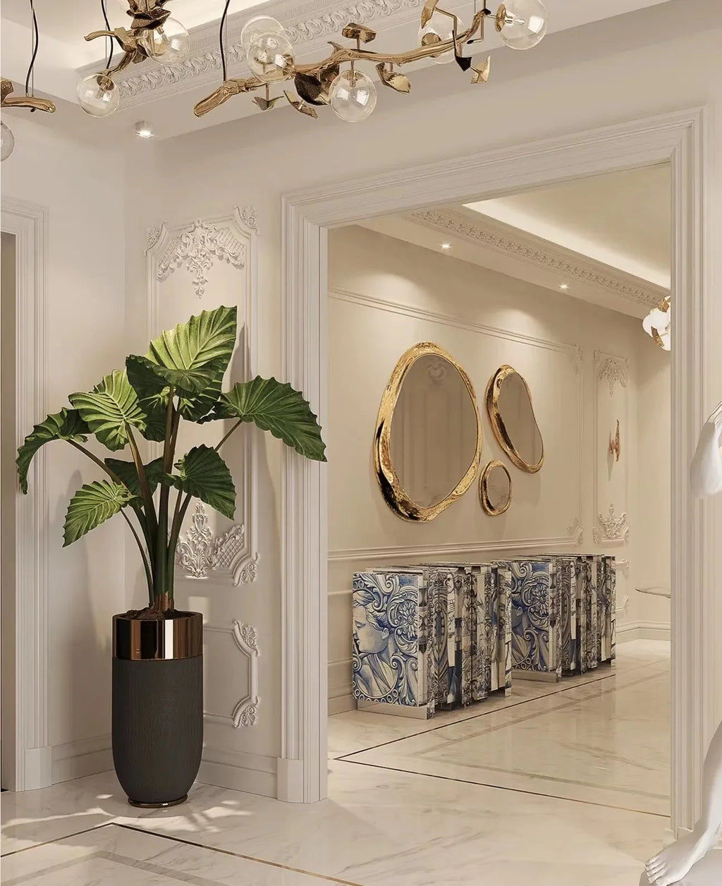 Decorative interior with a plant, statue, and wall mirrors.