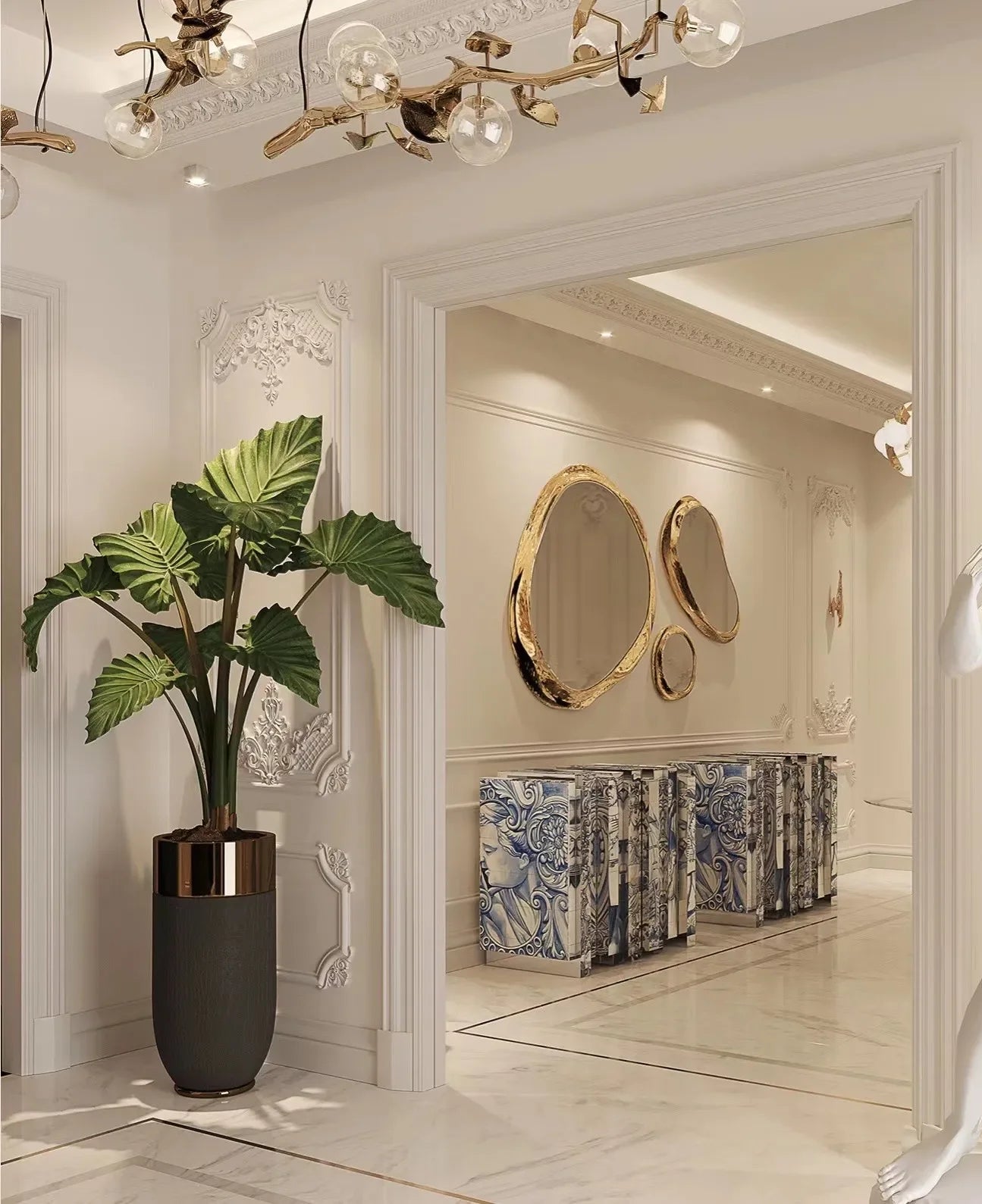 Decorative interior with a plant, statue, and wall mirrors.