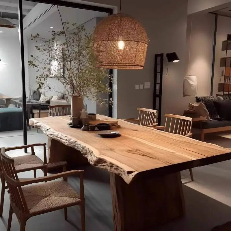 Dining area with a wooden table and chairs in a modern interior setting.