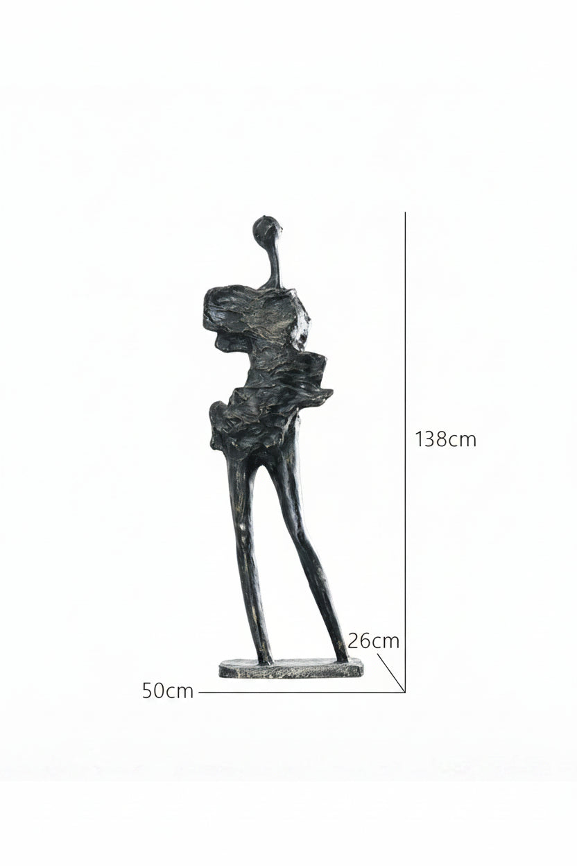 Black abstract sculpture with dimensions on a white background