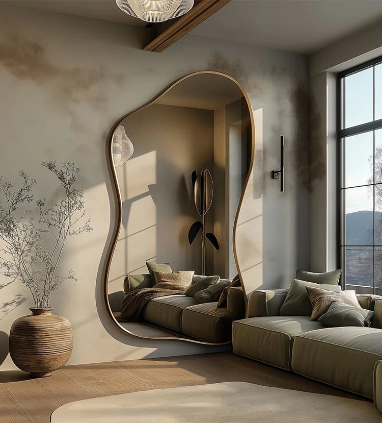 Modern living room with a large mirror reflecting part of the room.