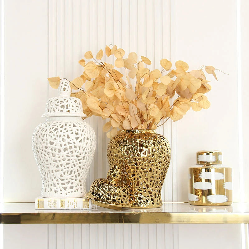 Échelon Gold – Ceramic Hollow Ginger Jar | Luxury Porcelain Home Decoration by PurelyhomeDeco