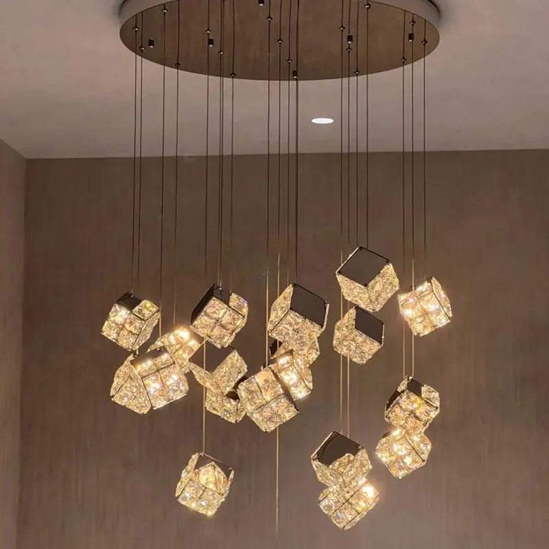 LustraCube™ Crystal LED Pendant Light – Luxury Gold & Chrome Hanging Chandelier for Living Rooms, Staircases & Modern Villas by PurelyhomeDeco