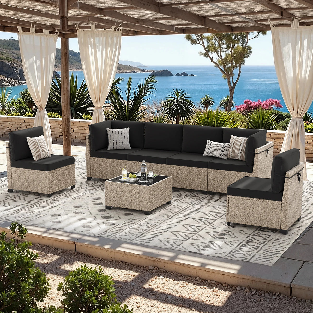 7-Piece Patio Furniture Set, Outdoor Rattan Sectional Sofa with Tempered Glass Table, All-Weather, for Garden, Porch, Backyard by PurelyhomeDeco