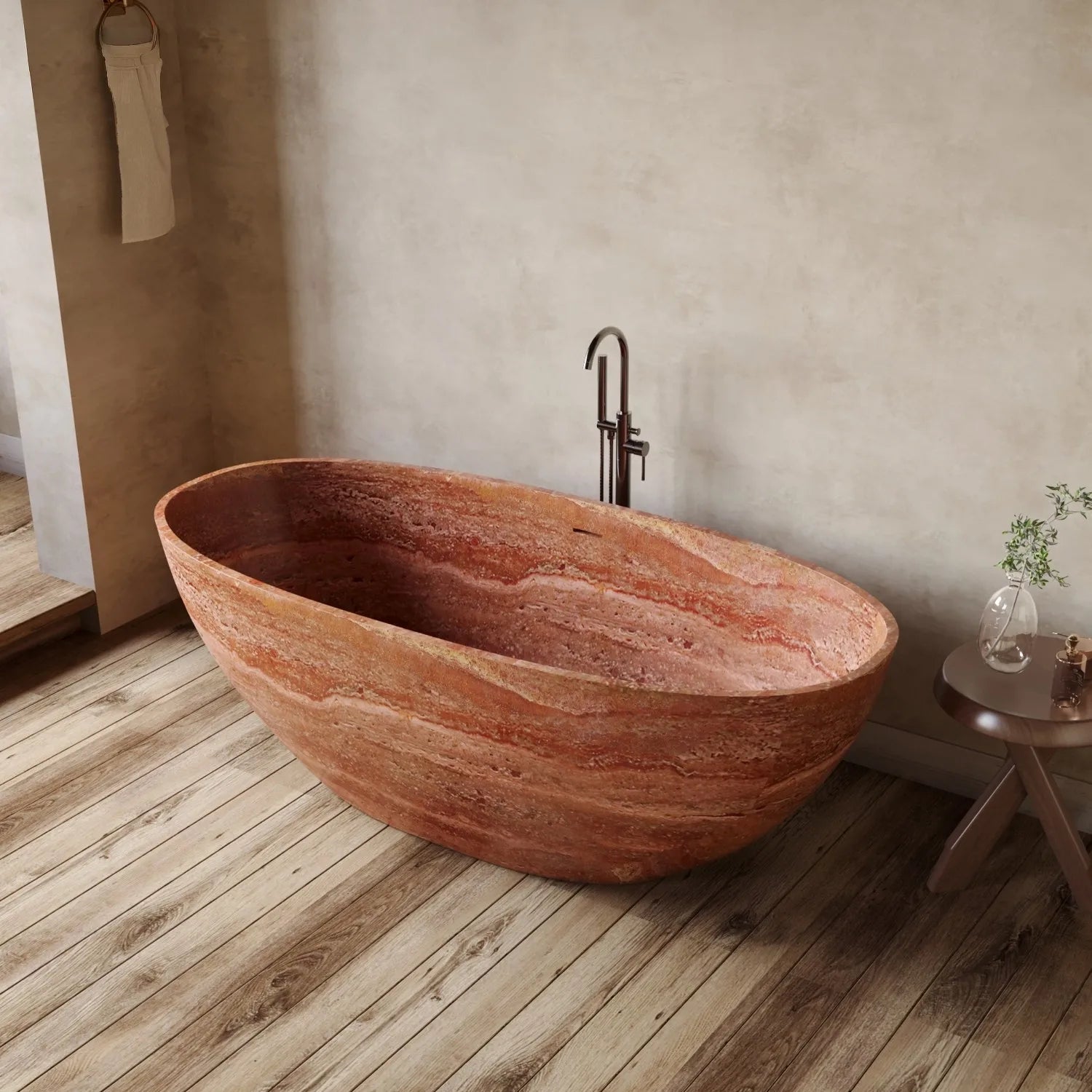 Stone bathtub in a bathroom with wooden floor and neutral walls