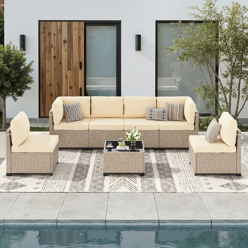 7-Piece Patio Furniture Set, Outdoor Rattan Sectional Sofa with Tempered Glass Table, All-Weather, for Garden, Porch, Backyard by PurelyhomeDeco
