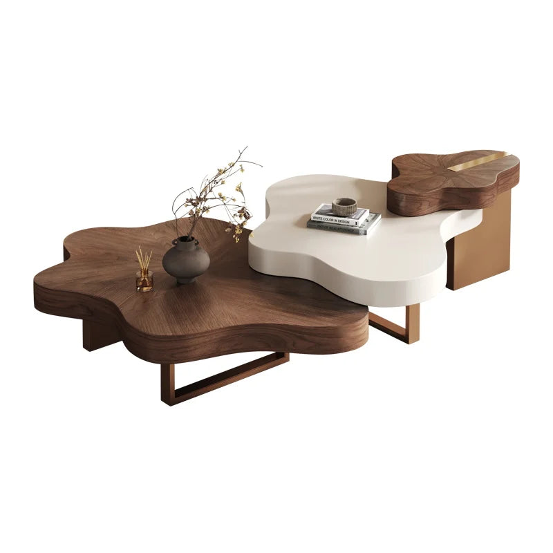 Modern coffee table with wooden and white sections on a white background