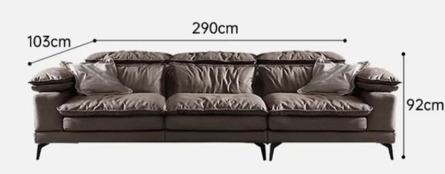 Gray sofa with dimensions labeled in centimeters